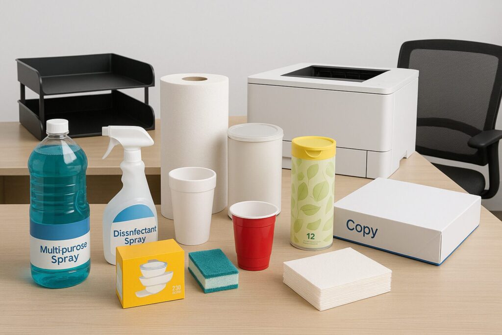 Productos de limpieza, papel y suministros utilizados por AS Servicio para el mantenimiento integral de oficinas y espacios corporativos.