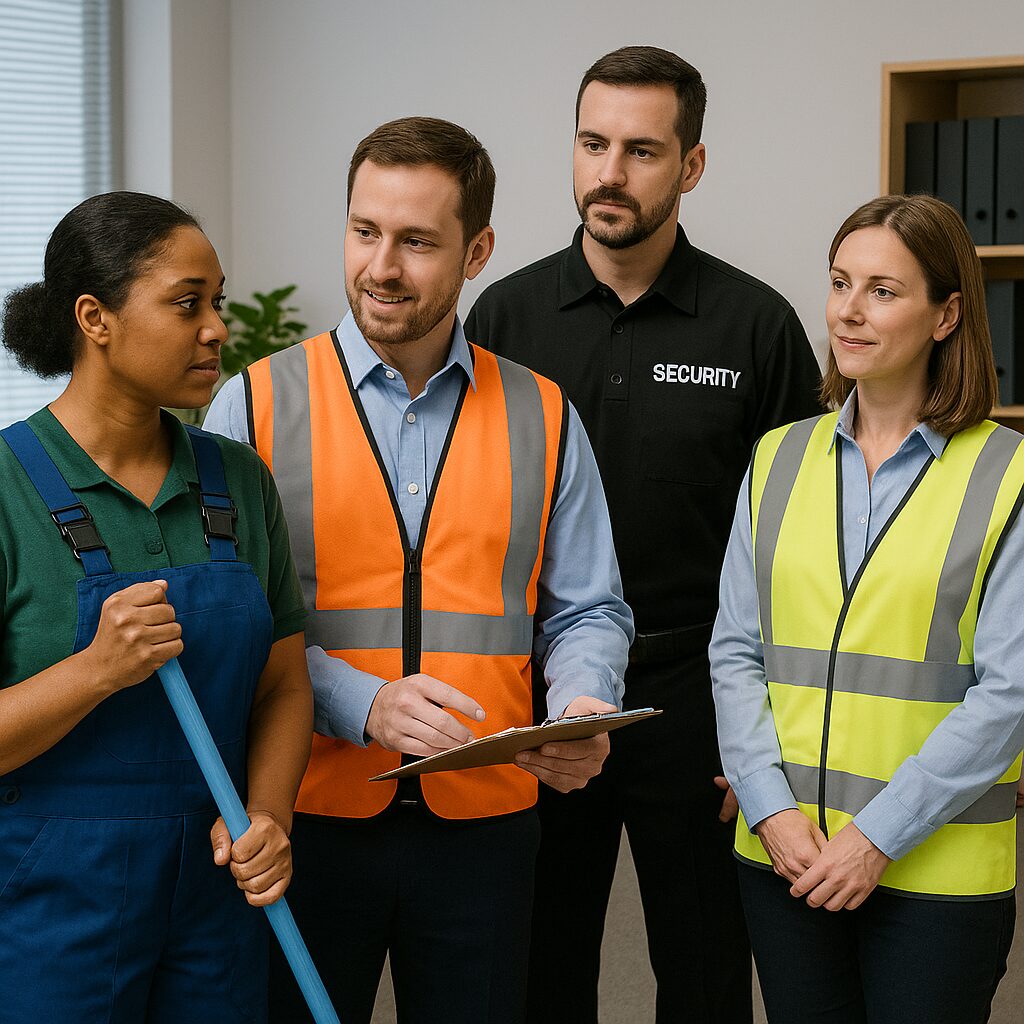 Personal operativo y supervisor de AS Servicio coordinando actividades de limpieza, seguridad y mantenimiento en instalaciones corporativas.