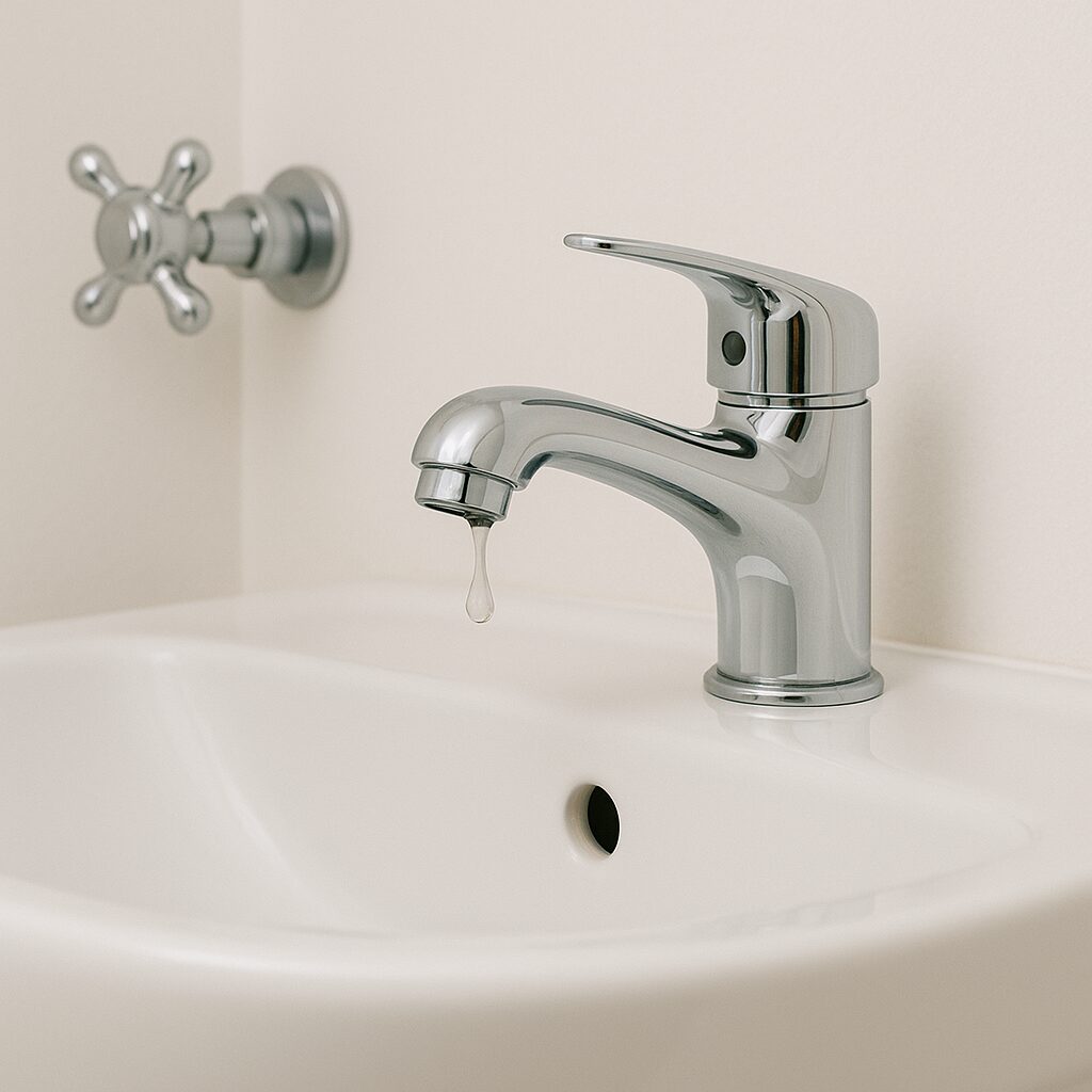llave de lavabo con goteo indicando fuga de agua y necesidad de mantenimiento