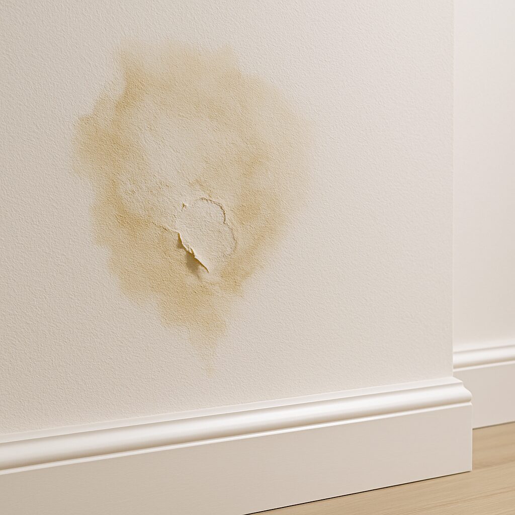 mancha de humedad y pintura levantada por filtración interna en la pared