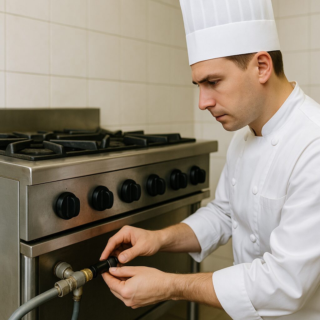 chef revisando una conexión de gas para detectar fugas en la cocina