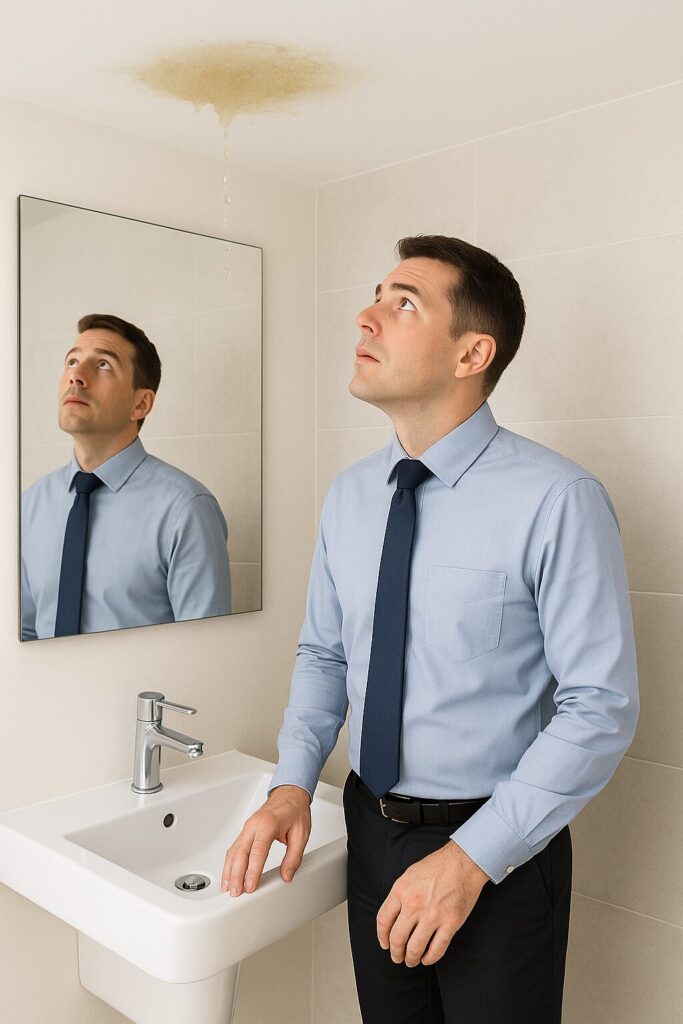 hombre observando una filtración de agua en el techo de un baño