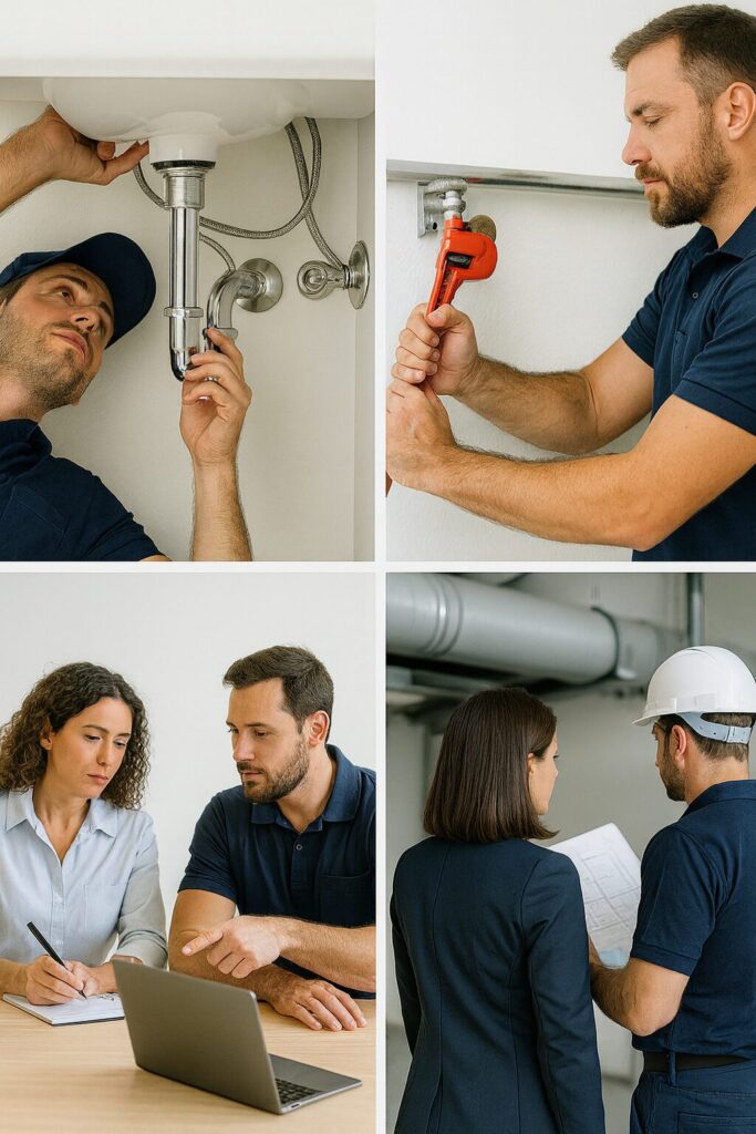 técnicos realizando trabajos de plomería, reparación y revisión, junto con asesoría profesional en mantenimiento